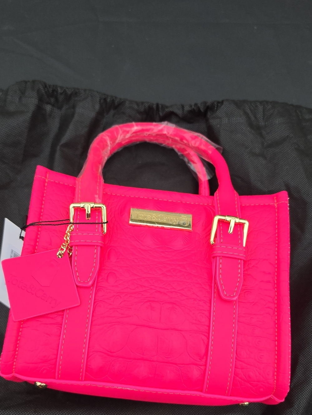 Tote & Carry Hot Pink Mini Tote Purse 7" Foux Leather Crocodile Print